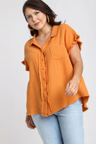 Umgee Tangerine Frayed Hem Collared Neck Short Sleeve Shirt