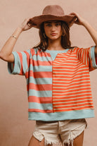 BiBi Striped Coral Round Neck Half Sleeve French Terry Top Coral Blue