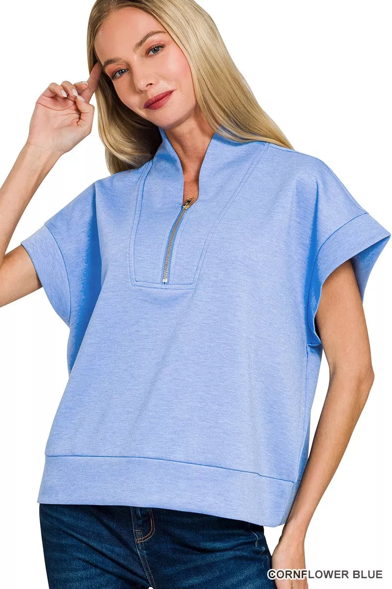 Zenana Cornflower Blue Scuba High Neck Half Zip Top CORNFLOWER BLUE