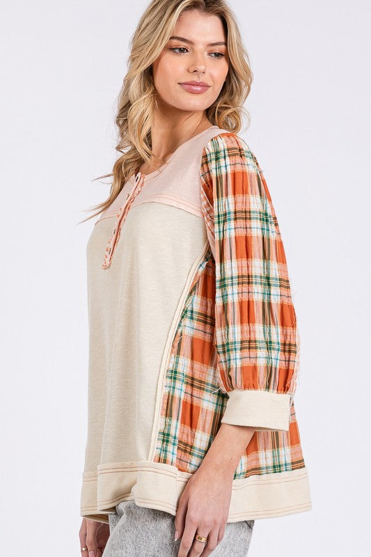 SAGE + FIG Pink Exposed Seam Button Detail Plaid Top