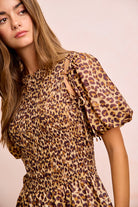 BiBi Leopard Bow Tie Attachable Puff Sleeves Dress