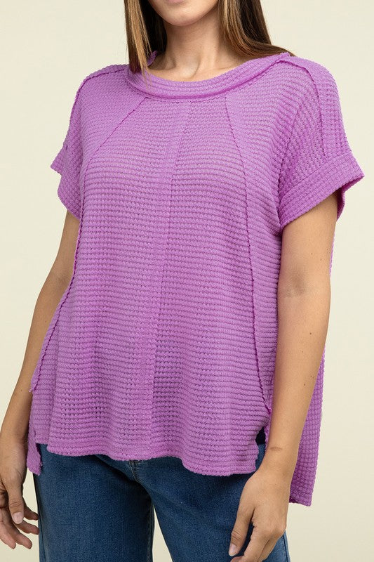 Zenana Brushed Waffle Exposed-Seam Short Sleeve Top LAVENDER Shirts & Tops