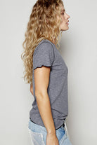 POL Charcoal V-Neck Short Sleeve Ribbed T-Shirt with Contrast Overlock Stitching