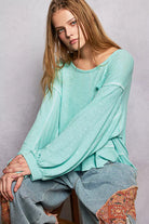 POL Aqua Round Neck Long Sleeve Exposed Seam Top with Chest Pocket