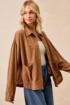 BiBi Camel Corduroy Relaxed Fit Shacket with Back Pleat