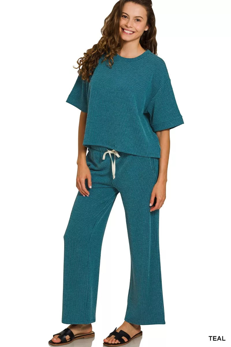 Zenana Teal Raised Rib Short Sleeve Tee & Pants Set