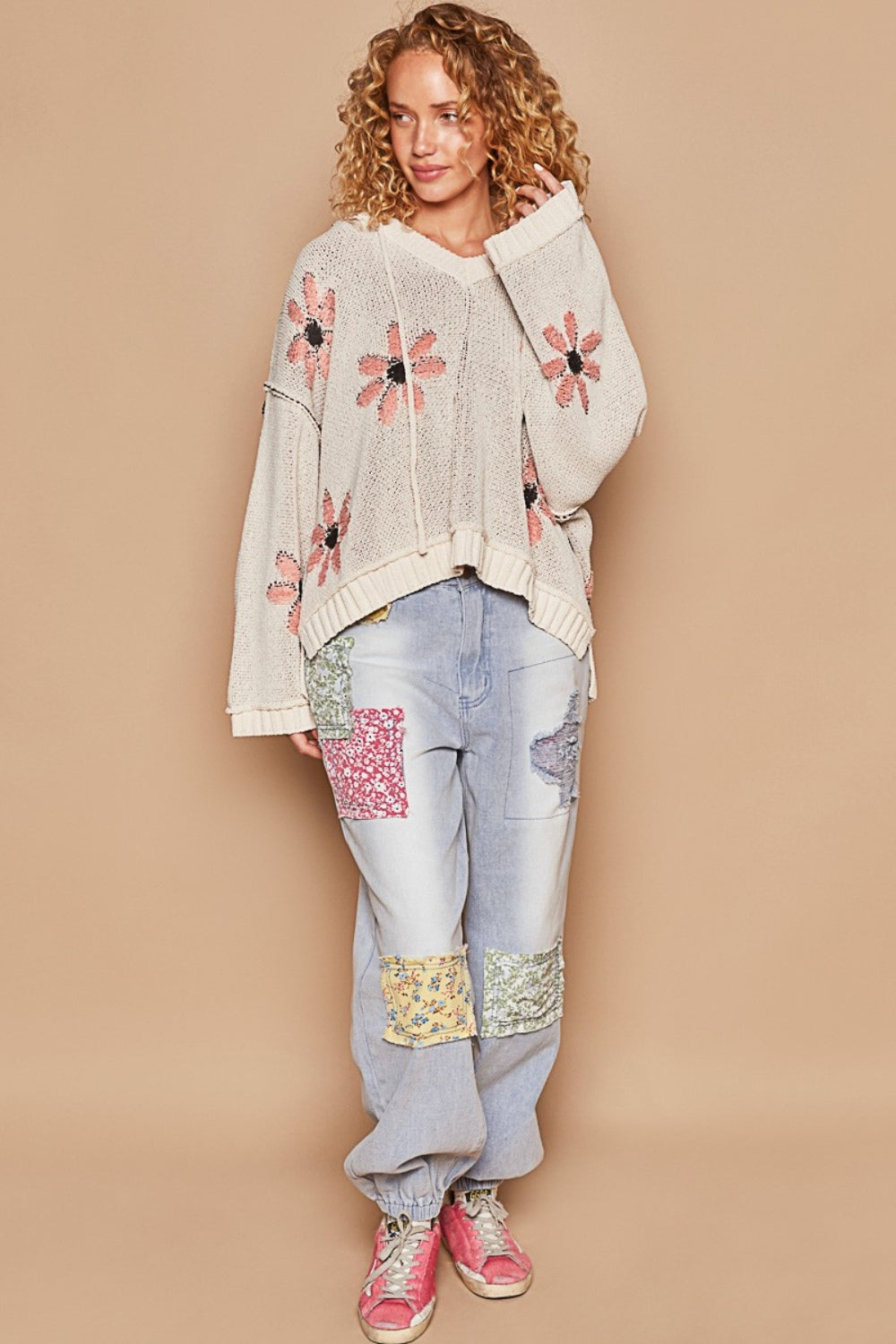 POL Pale Almond Floral Pattern Hooded High-Low Sweater Trendsi