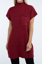 Zenana Mock Neck Short Sleeve Sweater Dress with Pocket in 6 Colors! CABERNET ZENANA