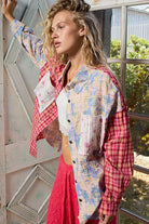 POL Patchwork Plaid Button-Up Shirt with Contrast Pockets
