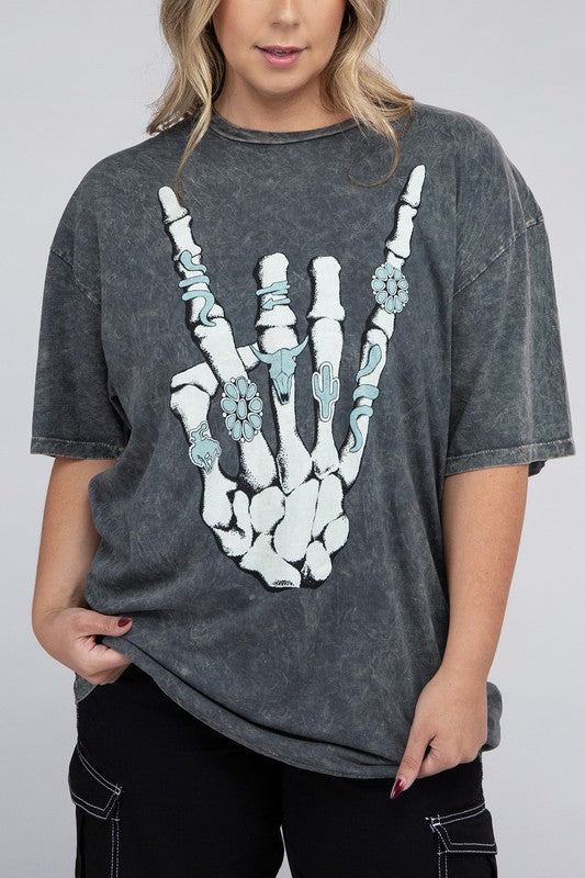 Lotus Fashion Collection Plus Skeleton Rock Hand Sign Graphic Top Stone Gray Mineral Wash Lotus Fashion Collection