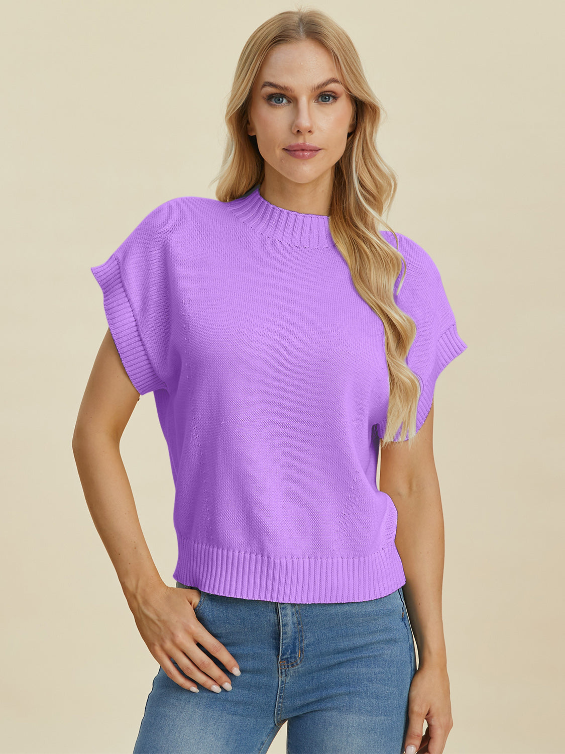 Double Take Mock Neck Short Sleeve Sweater Shirts & Tops