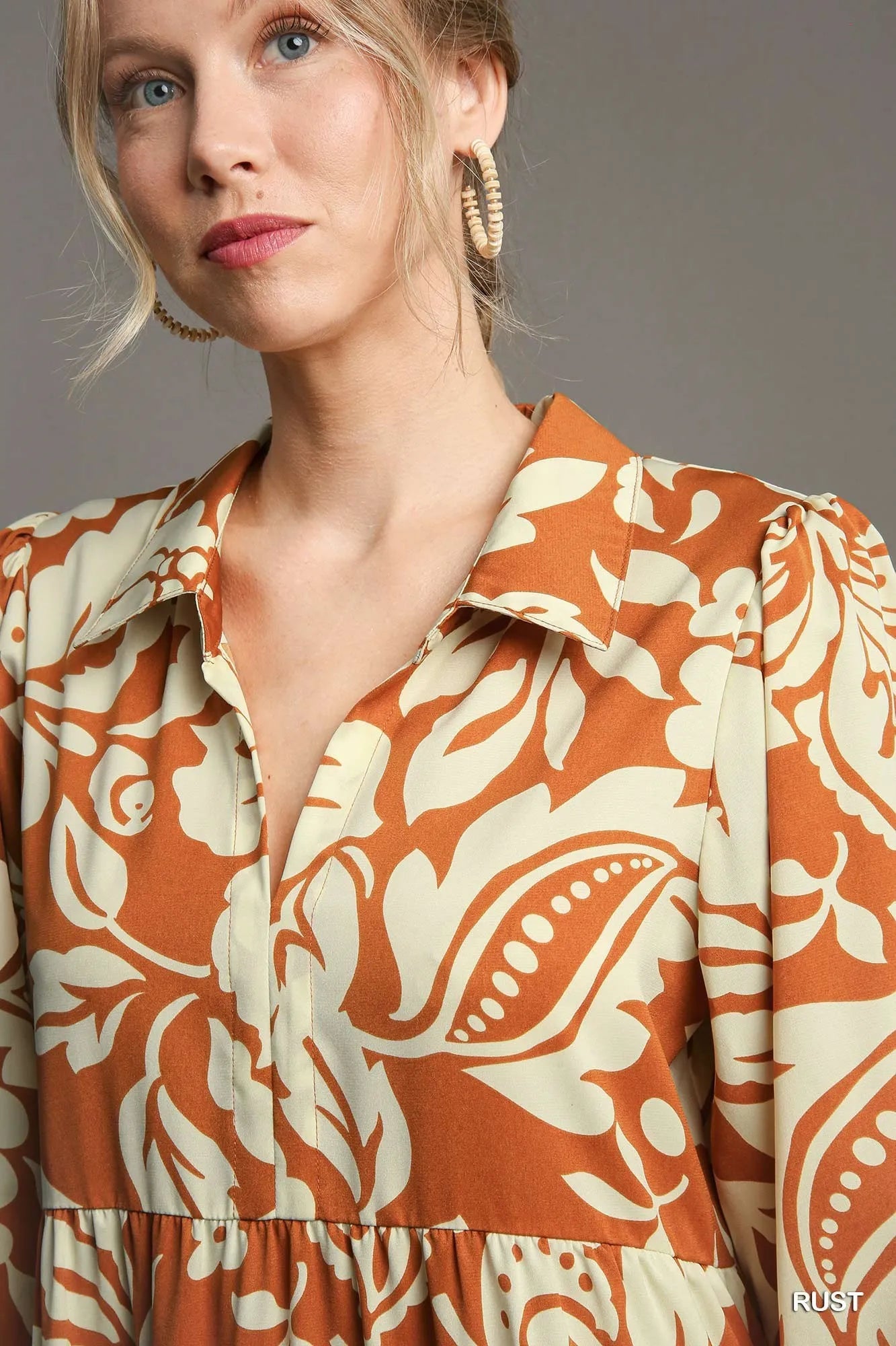Umgee Rust Floral Tiered Midi Dress