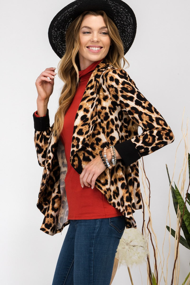 Celeste Leopard Open Front Long Sleeve Blazer Trendsi