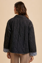 Annie Wear Black Quilted Printed Lining Snap Down Denim Jacket