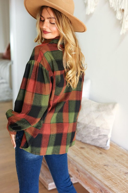 Haptics Rock'n Plaid Olive & Rust Button Down Oversized Shirt Haptics