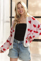 ADORA Ivory & Red Fuzzy Heart Button Down Cardigan