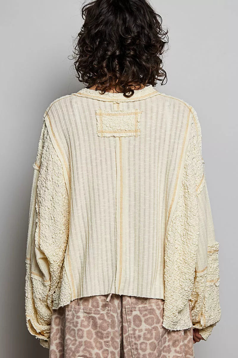 POL Natural V-Neck Long Sleeve Top with Stitch Detail