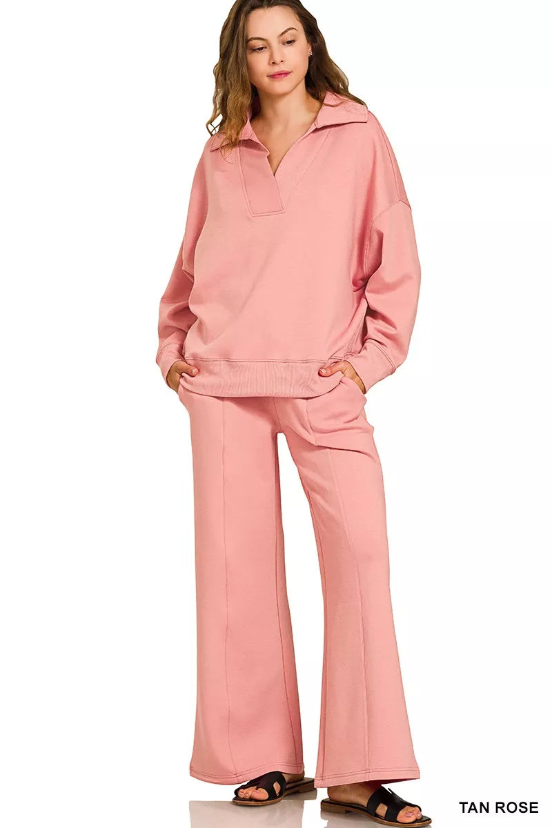 Zenana Tan Rose Scuba Collared Pullover and Pants Set TAN ROSE