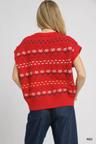 Umgee Red Button-Down Knit Vest with Floral Pattern