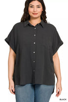 Zenana Black Woven Airflow Button Down Shirt Plus Size