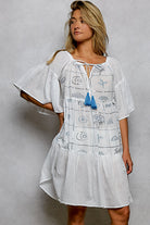 POL Ivory Tied Tassel Embroidery Half Flared Sleeve Mini Dress