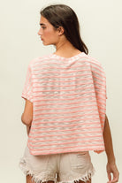 BiBi Pink Braided Striped Short Sleeve Round Neck T-Shirt Trendsi