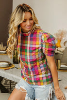 BiBi Short Puff Sleeve Washed Vintage Plaid Top