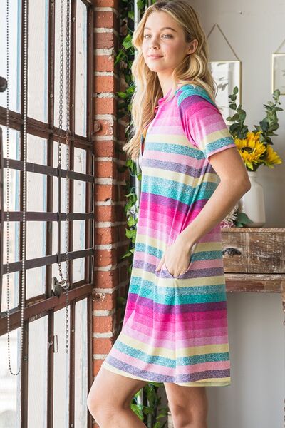 Heimish Pink Multi Color Striped Short Sleeve Mini Dress