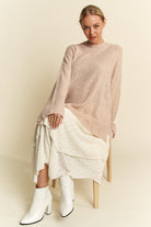 Davi & Dani Oatmeal High-Low Round Neck Drop Shoulder Sweater