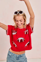 BiBi Red Game Day Sequin Football Embroidered Stitch Sweater
