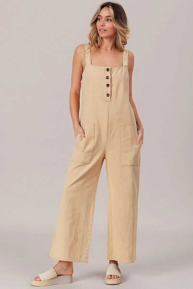 BiBi Oatmeal Washed Denim Buttoned Overall Jumpsuit