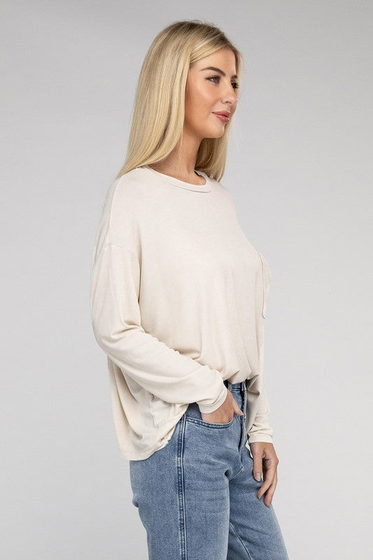 Zenana Washed Ribbed Dolman Sleeve Round Neck Top ZENANA