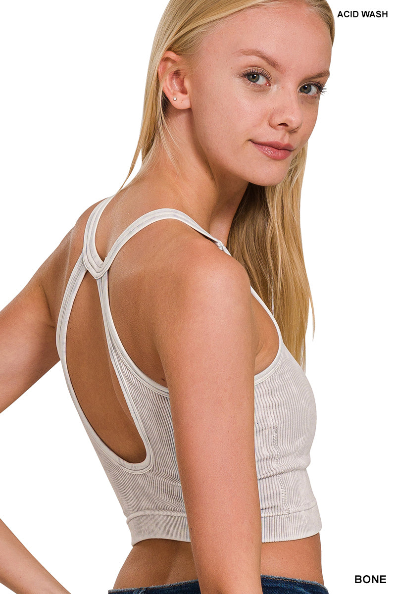 Zenana Bone Washed Ribbed Seamless Button V-neck Tank Top