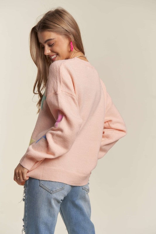 ADORA Stars Pattern Round Neck Drop Shoulder Sweater in Blush