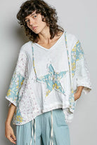 POL Off White Floral Star Patch Hooded Blouse with Lace Contrast Detail