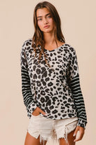 BiBi Leopard Hacci Knit Twist Back Top With Stripe Sleeve LEOPARD BLACK