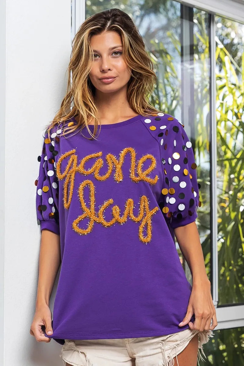 BiBi Purple & Gold Game Day Metallic Letter Spangle Sleeve Top