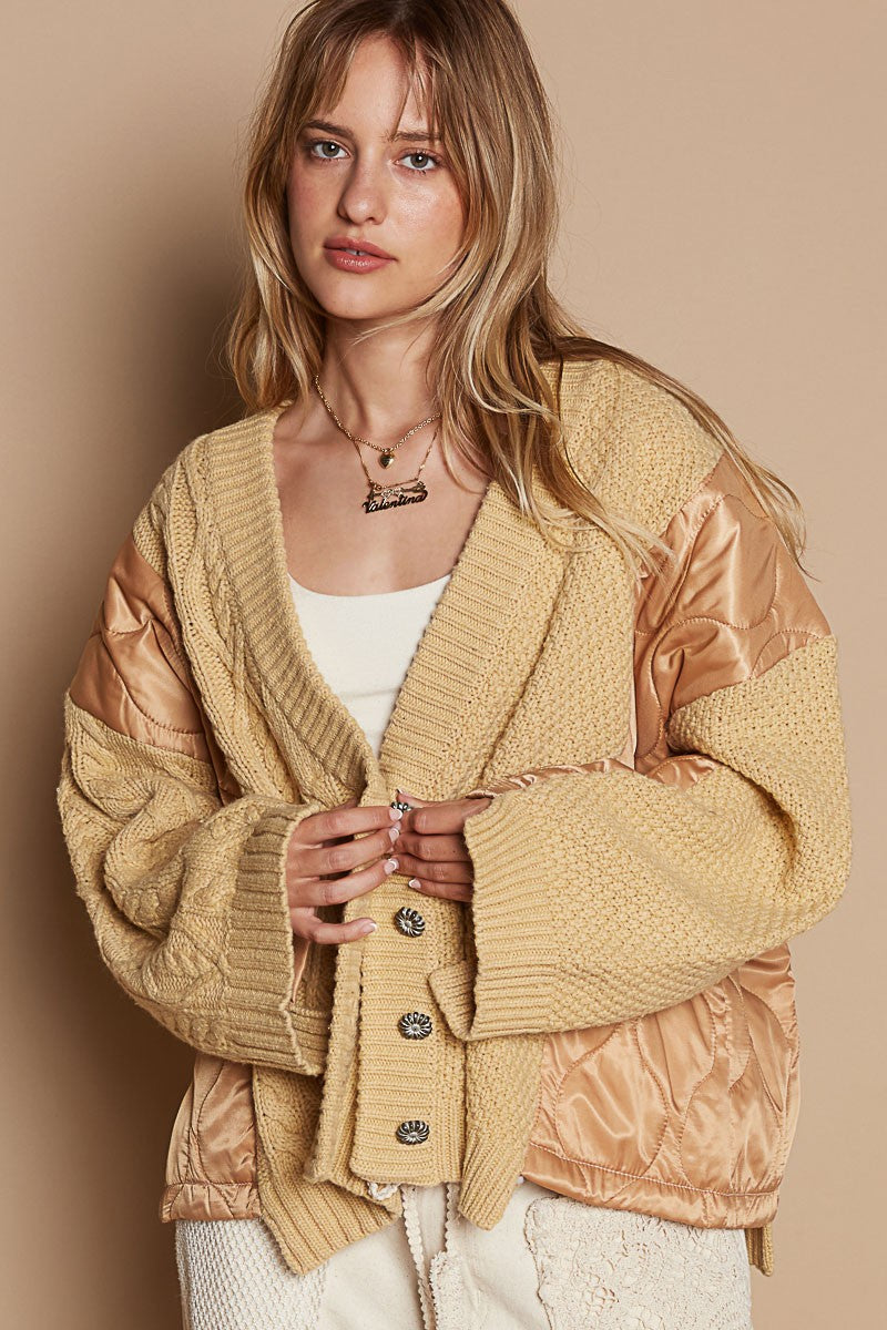 POL Camel Quilting Patch Button Down Cable Knit Sweater Trendsi