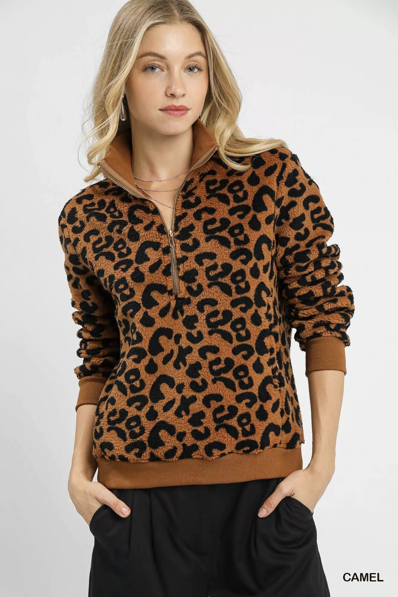 Umgee Camel Leopard Print Quarter-Zip Sweatshirt Camel