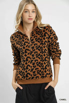 Umgee Camel Leopard Print Quarter-Zip Sweatshirt Camel