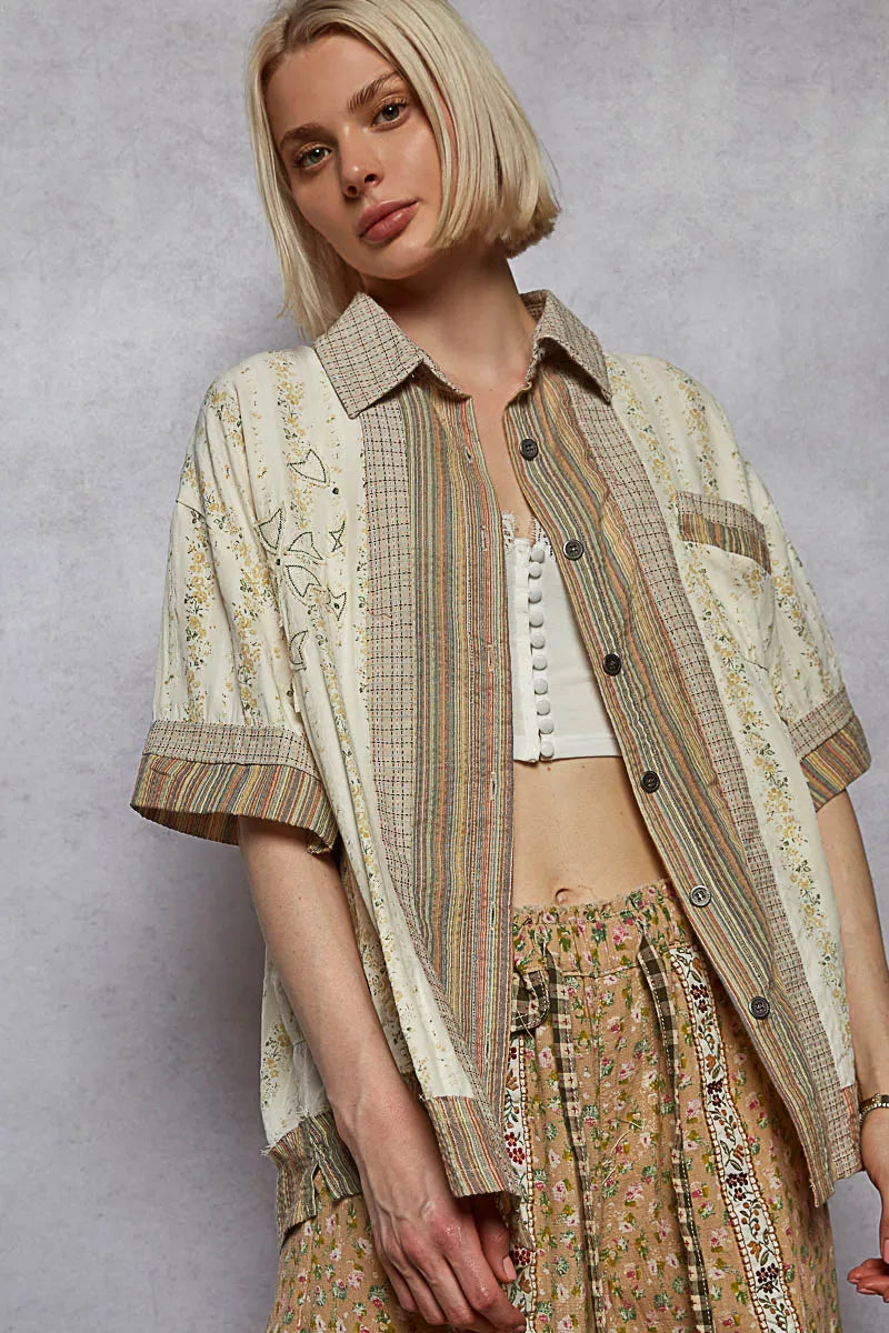 POL Cream Printed Button Down Patchwork Short Sleeve Shirt