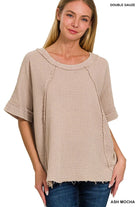 Zenana Ash Mocha Washed Double Gauze Exposed Seam Raglan Short Sleeve Top