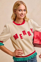 BiBi Christmas Merry Letter Patches Contrast Banded Top