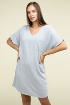 Zenana Woven Airflow V Neck T-Shirt Dress with Pockets ZENANA