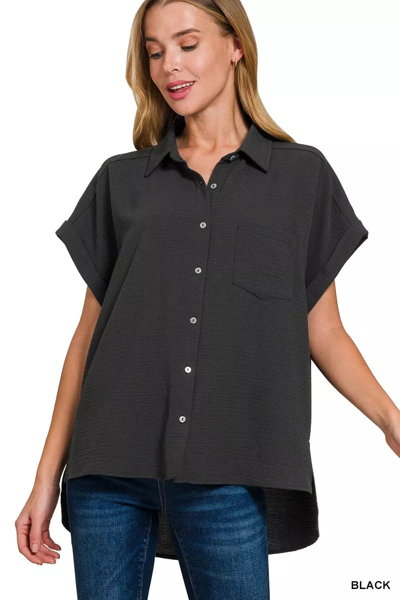 Zenana Black Woven Airflow Button Down Shirt Plus Size BLACK
