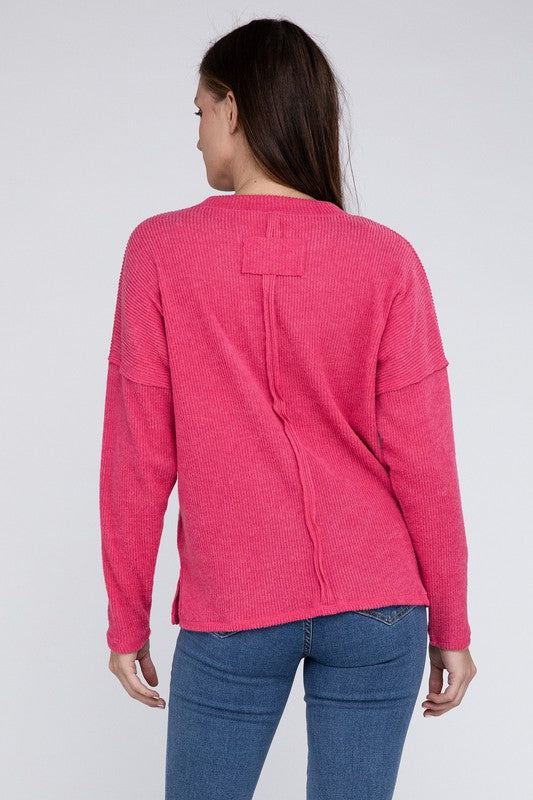 Zenana 4 Colors- Ribbed Brushed Melange Hacci Sweater with a Pocket Shirts & Tops