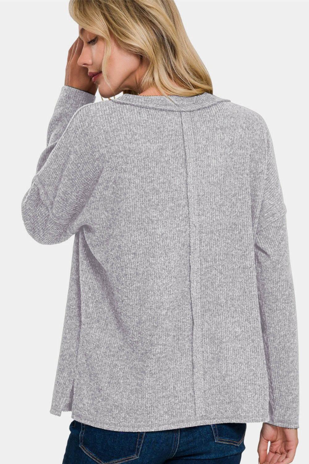 Zenana Heather Grey V Neck Ribbed V-Neck Drop Shoulder Top Shirts & Tops