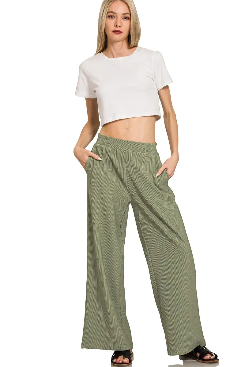 Zenana Light Olive Ribbed High Neck Half Zip Pullover & Pants Set
