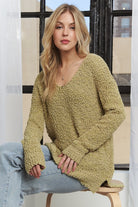 ADORA Yellow-Green High-Low Side Slit V-Neck Sweater Yellow-Green