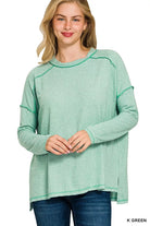 Zenana Kelly Green Melange Hacci Exposed Seam Hi-low Top